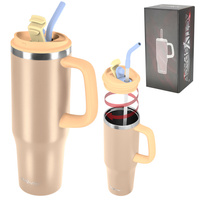 Kubek termiczny ze słomką uchwytem na kawę herbatę szczelny 1200ml - beige